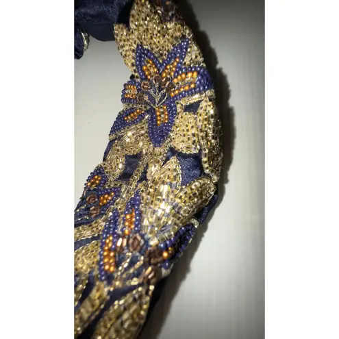 Headband Embellished Beaded Floral Knot Navy Blue & Gold