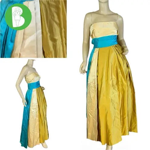 VINTAGE CIRCA 1960 CREAM, GOLD & TURQUOISE STRAPLESS SATIN FORMAL DRESS (XS) Blue