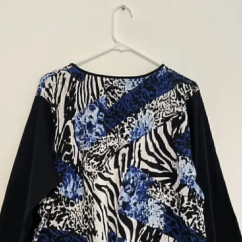 ALFRED DUNNER Black White Blue Cheetah Leopard Animal 3D Stripe 3/4 Sleeve Top L Size L