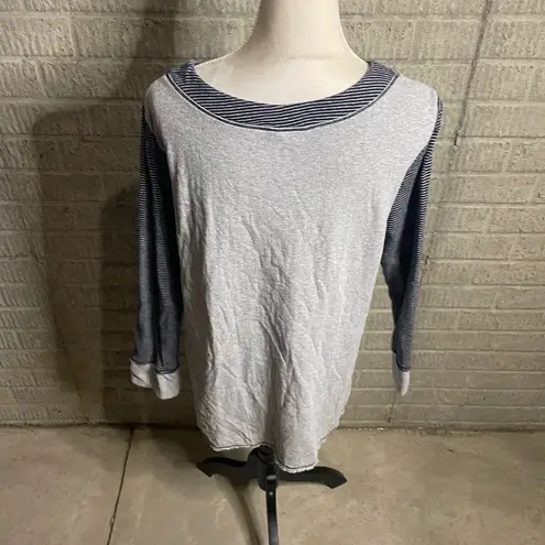 Neon Buddha Gray Navy Asymmetrical Striped Patchwork Casual Top Size Large Blue