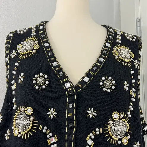 Yarnworks Vintage 80's Large Black and Yellow Beaded Embroidered Sweater Vest
