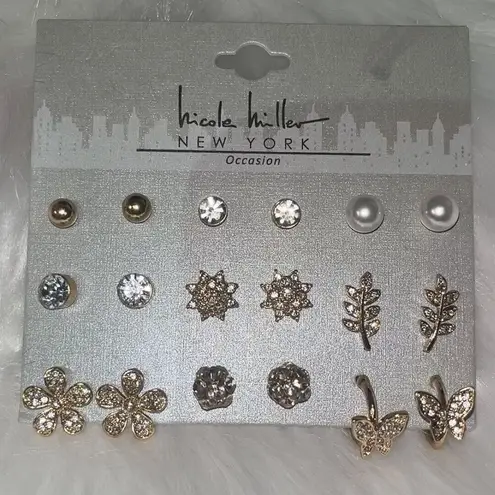 Nicole Miller  New York NWT 9-Pair Fancy Earring Set Gold Color Rhinestone Pearl