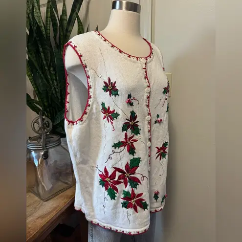 Vintage Poinsettia Embroidered vest Holiday Knit Vest Beaded 2X Festive Style White