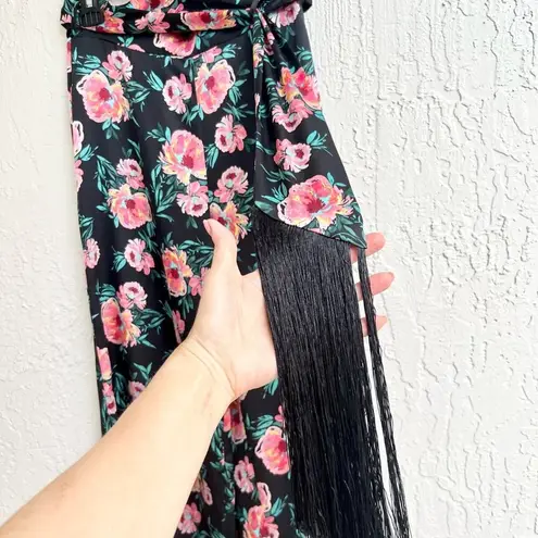 MISA Los Angeles MISA floral wide leg pants with scarf fringe belt Extra small black