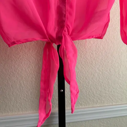 Women’s Juniors XL Hot Pink Sheer Blouse Long Sleeve Lace Back Tie Front Top Size undefined