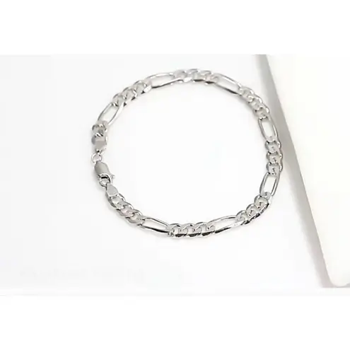 Boutique NEW Unisex Rhodium Plated 925 Sterling Silver Figaro Chain Bracelet, 8”