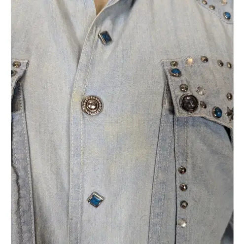 90s Vintage Embellished Denim Snap Button Up Shirt Light Wash Size Small Blue
