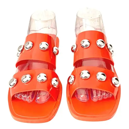 Schutz Nordstrom Lizzie Slides Sandal 9 Silver Studded Open Toe Bright Orange