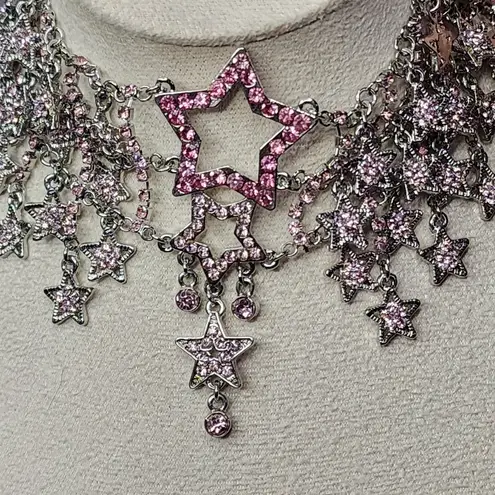 Statement Silver and Pink Crystal Stars Choker Necklace
