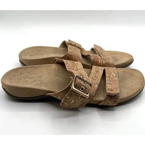 Vionic Skylar Slides Gold Sandal Faux Cork With Triple Strap Womens Sz 10 Wide