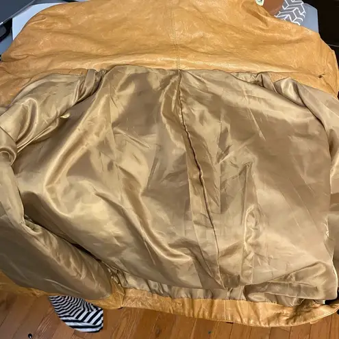 MADE IN ITALY LAMBSKIN LEATHER CAPE STYLE UNIQUE SHORT SLEEVED GATHERED JACKET Tan Size L