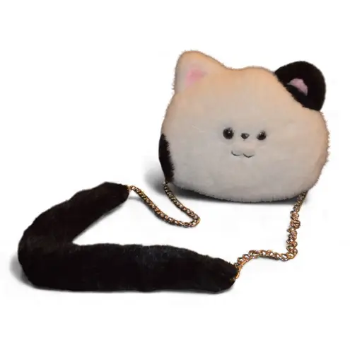 Bioworld Plush Cat Crossbody Bag – Black & White Kitty Purse – Faux Fur – Chain