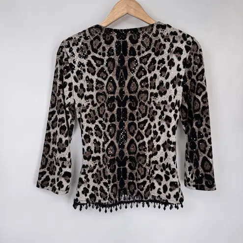 Vintage MSK Crossover Top Womens Small Brown Animal Print Mob Wife Beaded Sequin