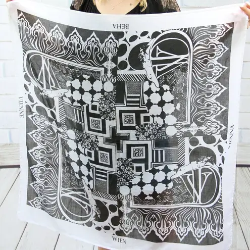 Vintage Deco Nouveau Verna Design B&W Square Cotton Scarf Black