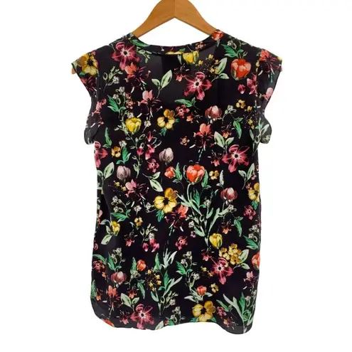3.1 Phillip Lim Black Silk Floral Print Blouse Flutter Sleeve Size 0
