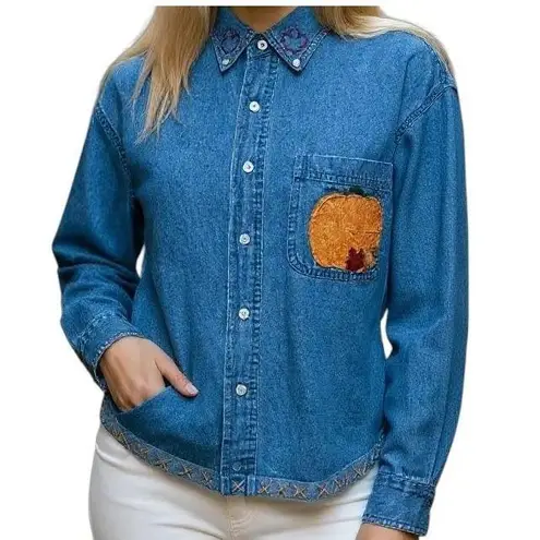 Steve & Barry's Y2K Denim Shirt Medium Relaxed Fit Autumn Pumpkin Embroidered