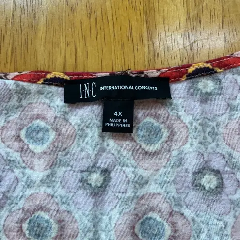 INC Pus Size 3XL Top Floral Geometric Surplice V Neck Cap Sleeve Ruched Stretch Red