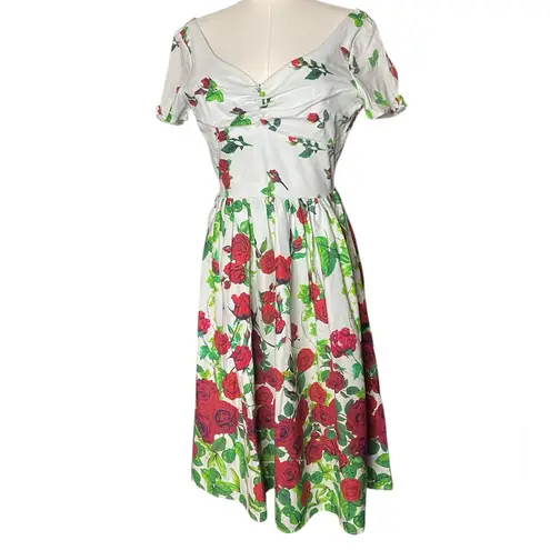 Unique Vintage Red Rose Floral Print Retro Pin Up Swing Dress Size M