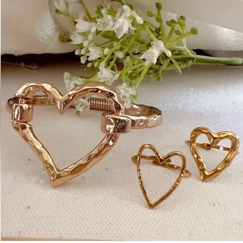 Gold Plated hammered Heart cuff bracelet bangle set rings Stainles Steel jewelry