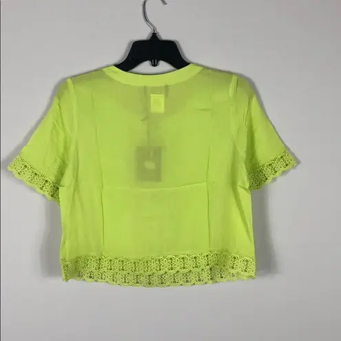 Short Sleeve Top Lace Hem Pleated Cropped Lace Up Yellow