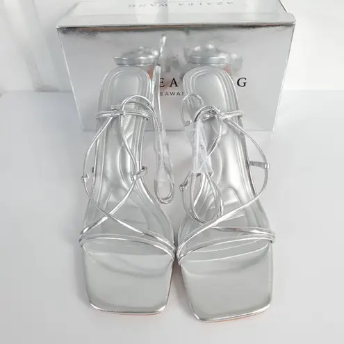 Azalea Wang Kaylin Silver Faux Vegan Leather Strappy Ankle Wrap Stiletto Heels Size 10