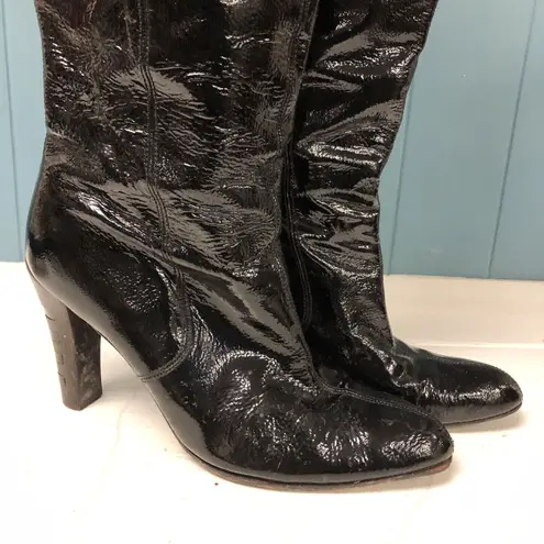 Salvatore Ferragamo Women Sz 7.5 Black Patent Leather Tall Knee High Heel Boot