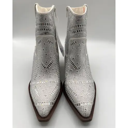 VeryG Rhinestone Western Ankle Boots Pointed Toe Block Heel Zipper Size 8.5 White