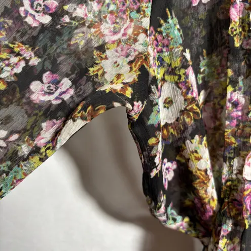 Whimsigoth Sheer Floral Black Mini Dress Tunic Pleated Waist Tie V Neck Fairy S