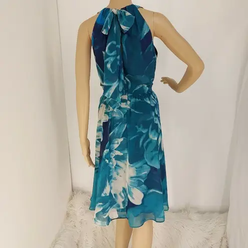 INC "" TRUE TEAL FLORAL TIE BACK  PLEATED NECK  A LINE DRESS SIZE: 12 NWT