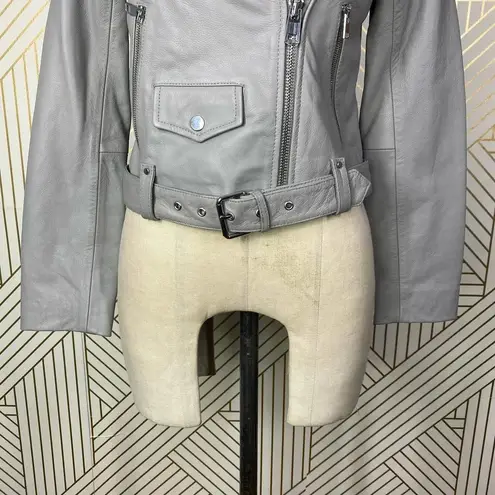 Maje Bassung Belted Leather Motorcycle Jacket Gray