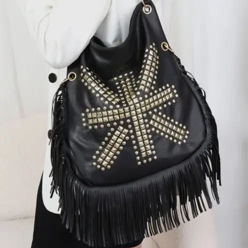 Women’s Black Fringed Pu Leather Studded Chain Detail Shoulder Bag 13.4” x 14.9”