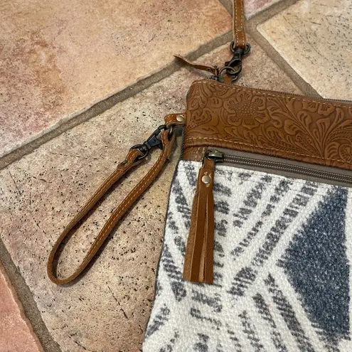 MYRA TOOLED LEATHER TWILL COTTON CROSSBODY/CLUTCH BAG