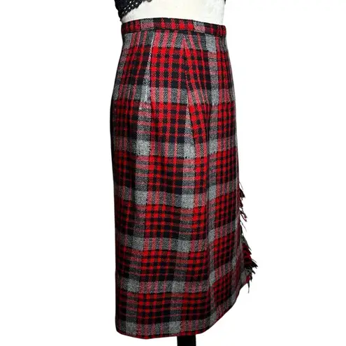 Vintage Red Knit Plaid Tartan Fringe Wrap Midi Skirt XXS | Retro Holiday