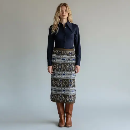 Vintage 70s Wool Acrylic Fair Isle Midi Sweater Skirt Size Small Brown Blue