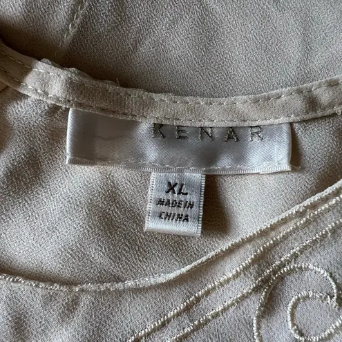 Kenar Womens Sheer Blouse Tank Top Embroidered Floral Design Button Down Beige