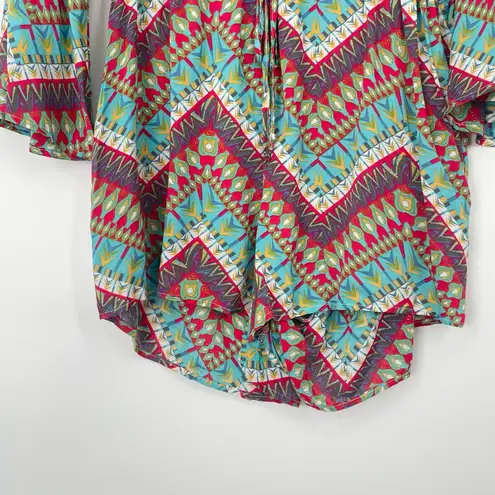 Roper Long Bell Sleeve Southwestern Aztech Chevrom Adjustable Waist Romper Med Blue