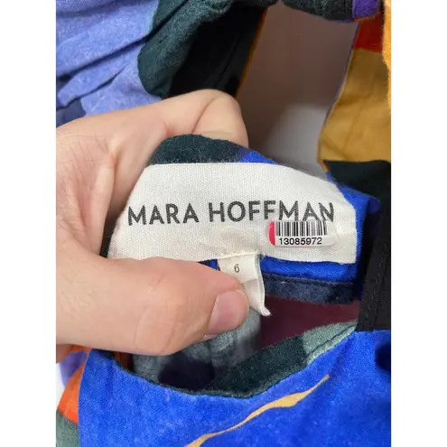 Mara Hoffman Leila Multicolor Abstract Print Plunge Puff Sleeve Cotton Dress 6