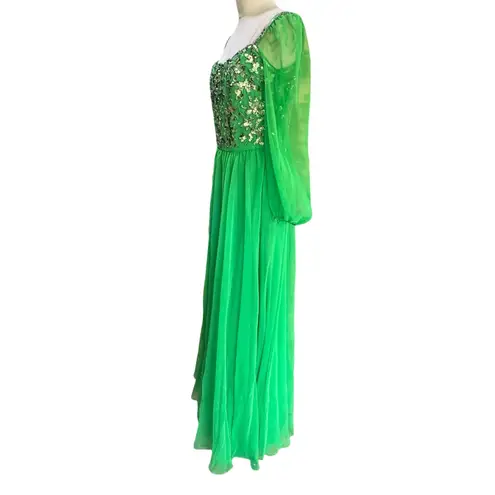 Victoria Royal Ltd 1960s Green sequin & Beaded Vintage Gown Dress sheer sleeves Size M