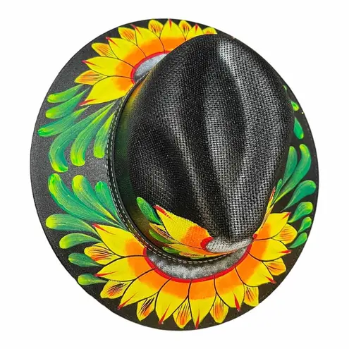 HAT MEXICAN Artisanal Hand Painted Fedora Sunflower Sombrero Panama Bohon Black