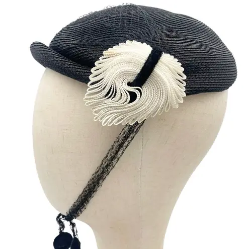 Vintage 50s Tilt Hat Black & Cream Straw Close Style Fascinator Black Mesh Veil