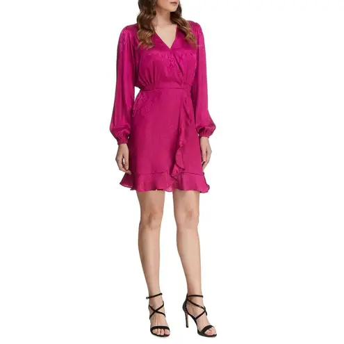 Michael Kors Wrap Dress Deep Fuchsia Ruffle Trim Long Sleeve Size PXL Purple