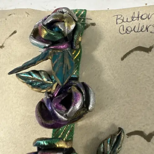 Vtg Purple Green Enamel Layered Open Rose Flower Button Covers Cloud Creations