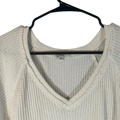 Z Supply  White Long Sleeve V-neck Oversized Waffle Knit Shirt Women Sz M