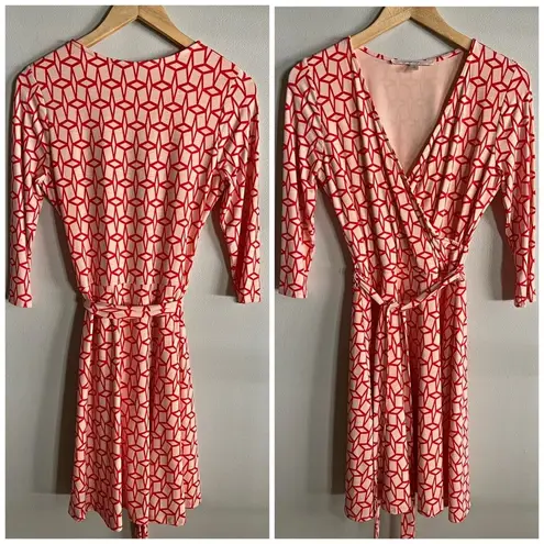 41 Hawthorn Red Geometric Print Wrap Dress M Long Sleeve Belted Knit Size M