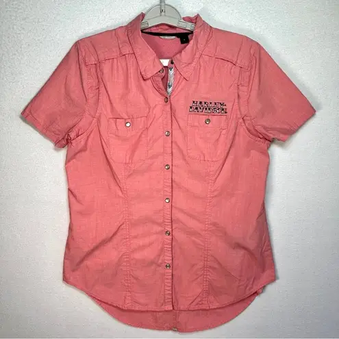 Harley Davidson Pearl Snap Top Women's L Salmon Pink Short Sleeve Vented Biker Size L