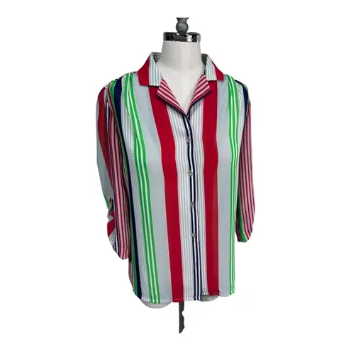Vintage Teddi of California Sheer Striped Blouse Red Green Blue Mod Retro Style Size 8