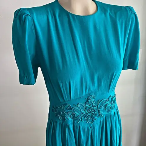 Vintage 80s Karin Stevens Teal Midi Dress Sz 4 Beaded Waist Puff Sleeves Blue