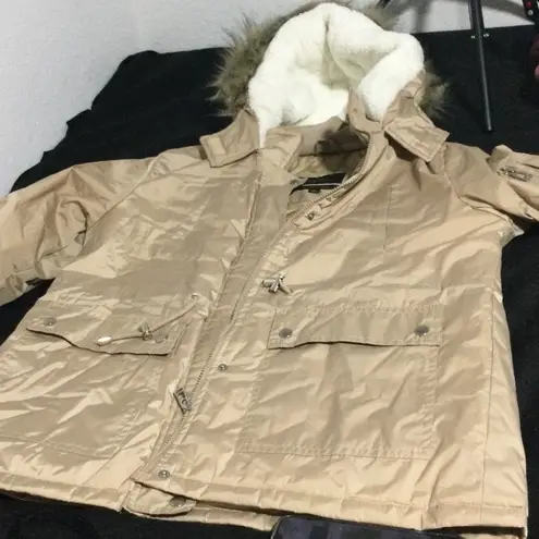 Bella Donna Moda Italiana Beige Quilted Lined Parka Jacket with Faux Fur Hood XL Tan