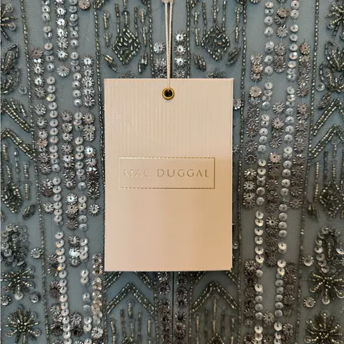 Mac Duggal NWT 5980 Blue High Neck Short Sleeve Crystal Fringe Sheath Dress Sz 8