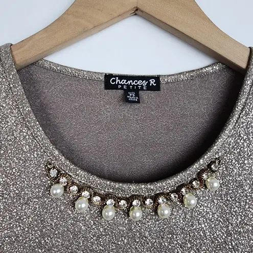 Chances R Shimmery Top Gold Metallic Faux Pearls Rhinestones Stretch Size SP